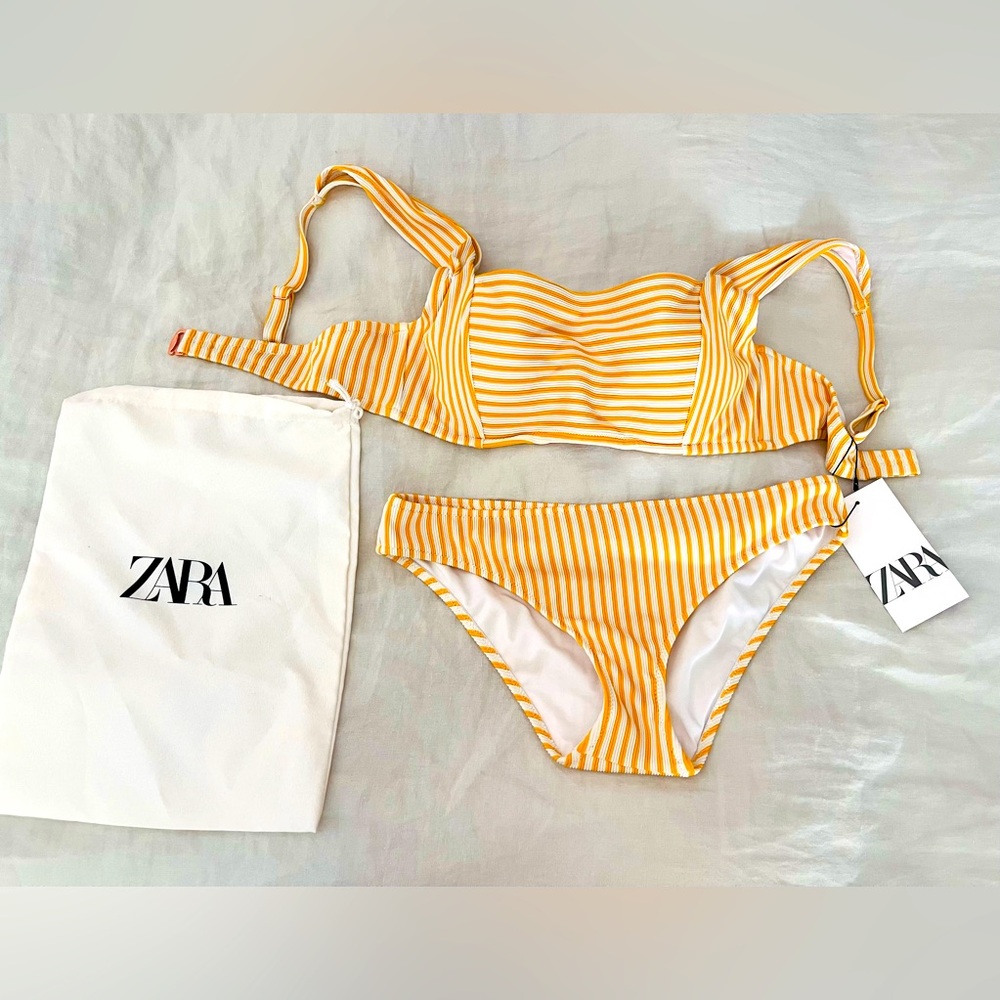 Zara Mustard Yellow White Striped Bikini Set
